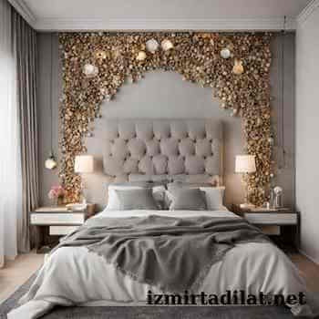 altın yatak odası başlığı arkası dekorasyon modeli